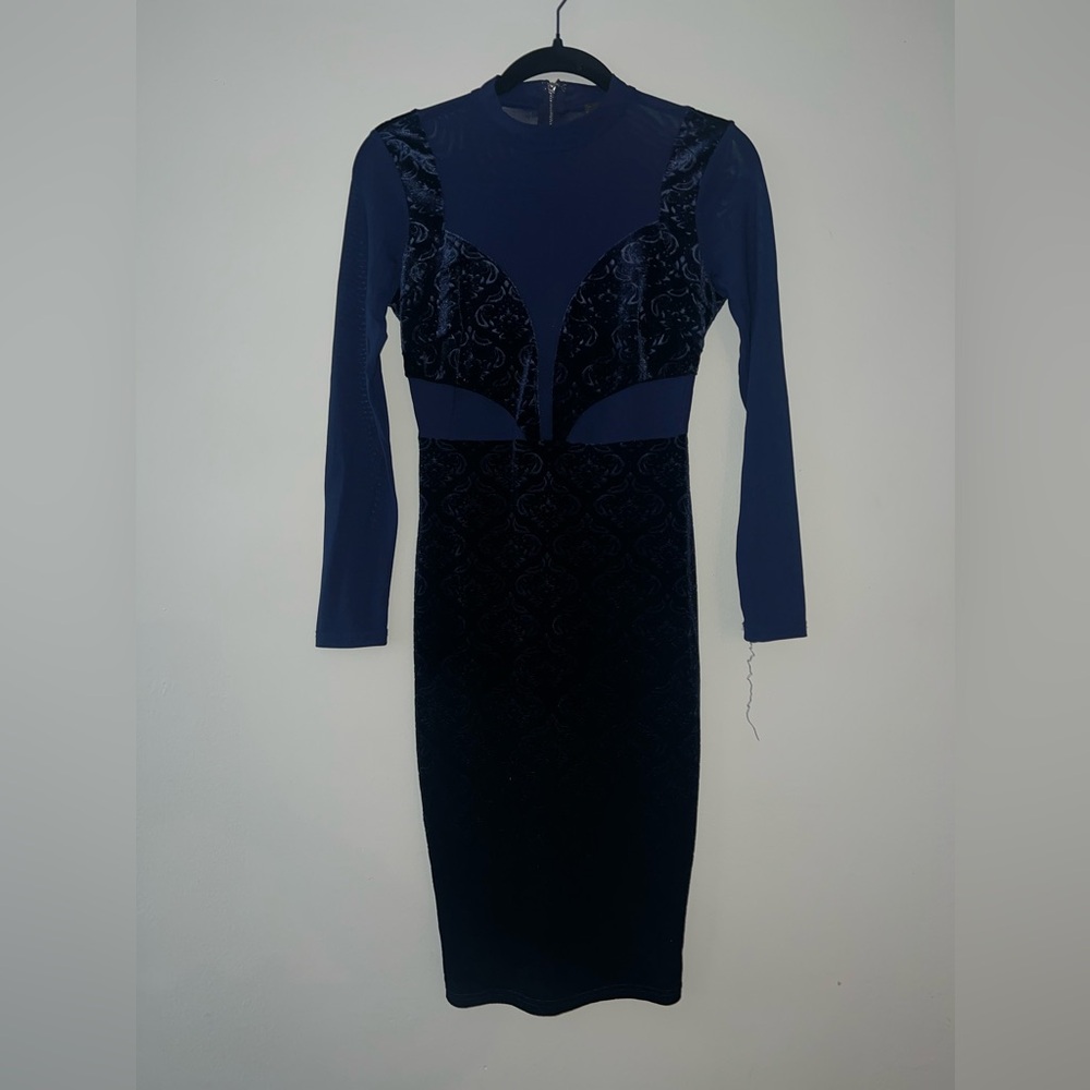 NWOT PRIVY Blue sexy bodycon velvet mesh dress